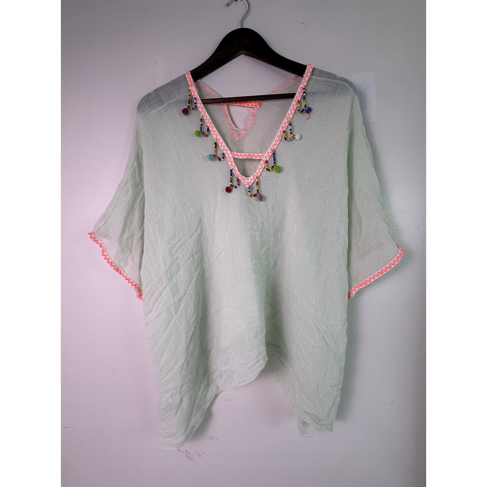 Mint Green Poncho Tunic Top Boho Beach Vacation PoolsideCover Up Tassel One Size